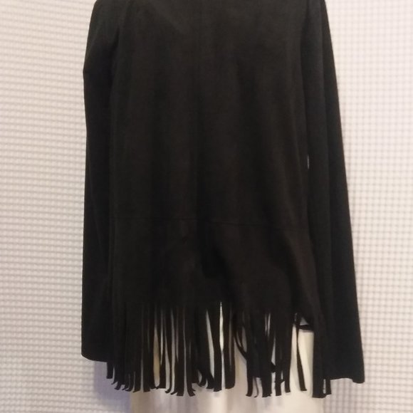 FINAL! BLACK FRINGED OPEN SWING LIGHT FAUX SUEDE MICROFIBER JACKET - Picture 5 of 5